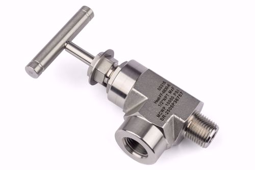 Picture of 1/2" NPT Angled Needle Valve - male x female - with Safety Lock Plate